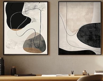 Set of 2 Minimalist Abstract Prints, Black Beige Neutral Wall Art, Modern Digital Download