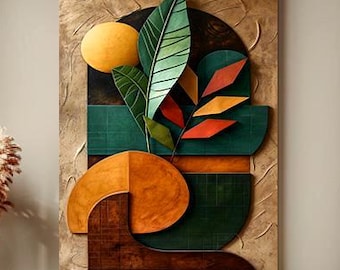 Earth Tone Abstract Wall Art Printable, Geometric Leaf Art, Neutral Minimalist Poster, Modern Living Room Decor, Digital Download