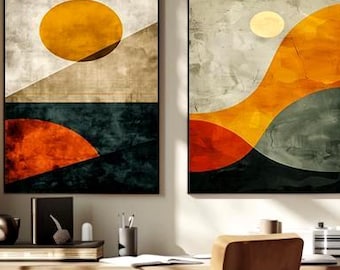 Geometrisches Abstraktes Wandkunst-Set 2, Terrakotta-Grüne Drucke, Japandi Modernes Dekor