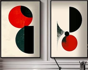Set di 2 stampe artistiche da parete in stile Bauhaus, stampe geometriche digitali, stampe in stile Mid-Century Modern, poster astratti minimalisti, download digitale.