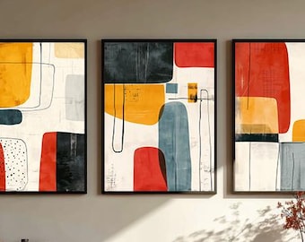 Mid Century Modern Wall Art Set of 3, Abstract Geometric Prints, Retro Gallery Wall Decor, Printable Art