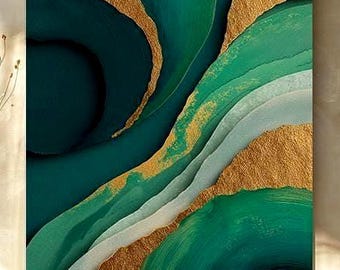 Emerald Green Abstract Wall Art, Gold Textured Canvas Print, Modern Luxury Wall Decor, Contemporary Living Room Art