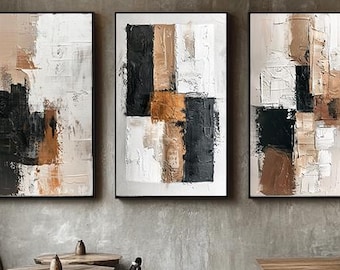 Neutral Abstract Wall Art Set of 3, Modern Minimalist Prints, Beige Black Gallery Wall Decor