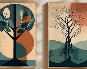 Modern Botanical Prints, Abstract Tree Wall Art Set of 2, Mid-Century Nature Posters