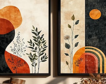 Boho Abstract Wall Art Set – Terracotta Beige Botanical Prints, Mid-Century Modern Decor, Minimalist Digital Download