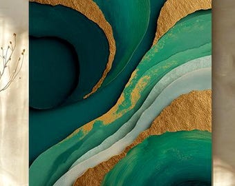 Emerald Green Abstract Canvas Wall Art, Gold Modern Wall Decor, Luxury Large Statement Canvas, Contemporary Wall Art