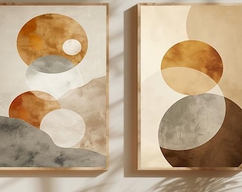 Geometric Sun Wall Art Set of 2, Japandi Neutral Beige Prints, Minimal Abstract Printable Wall Decor