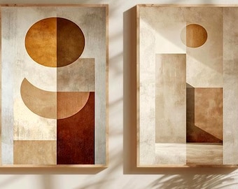 Geometrisches Abstraktes Wandkunst-Set 2, Terrakotta-Grüne Drucke, Japandi Modernes Dekor