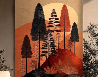 Herbstwald Wandkunst, Berglandschaft Print, Boho Neutral Dekor, druckbare Kunst