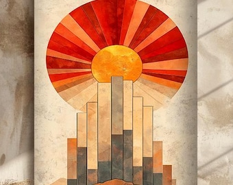 Terracotta Bauhaus Wall Art Print, Boho Sunrise Geometric Poster, Retro Sun Abstract Art, Digital Download