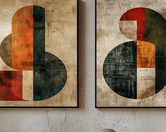 Set di 2 stampe da parete in stile Mid-Century Modern, stampe astratte retrò, download digitale geometrico arancione bruciato e verde.