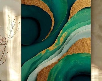 Emerald Green Abstract Wall Art, Gold Textured Canvas Print, Modern Luxury Wall Decor, Contemporary Living Room Art