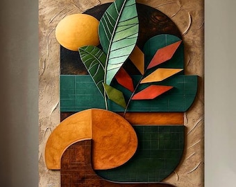 Japandi Botanische Wandkunst, Grüne Terrakotta Abstrakte Leinwand, Neutrale Geometrische Wanddekoration, Moderne minimalistische Kunstdruck, Erdige Wohnkultur