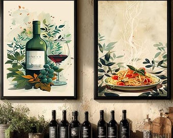 Italian Kitchen Wall Art Set of 2, Pasta Wine Prints, Italian Food Wall Decor, Printable Kitchen Art
