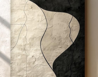 Schwarz Beige Abstrakte Leinwand Kunst, Neutrale minimalistische Wanddekoration, Strukturierte Moderne Malerei, Japandi Wandkunst, Große Wandkunst