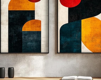 Mid Century Modern Wall Art Set, Retro Abstract Geometric Prints, Minimalist Digital Art, Orange Red Wall Decor, Modern Home Design