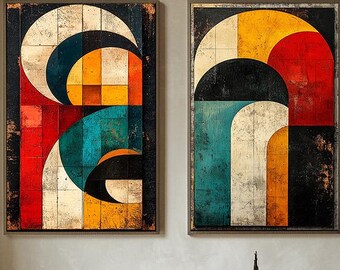 Bauhaus Geometric Wall Art Set, Modern Abstract Prints, Mid Century Style Digital Download