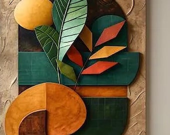 Japandi Botanical Wall Art, Green Terracotta Abstract Canvas, Neutral Geometric Wall Decor, Modern Minimalist Art Print, Earthy Home Decor