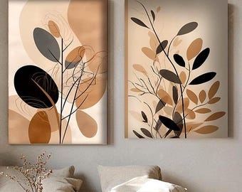Botanical Wall Art Printable, Neutral Beige Boho Abstract Art Print Set, Minimalist Wall Decor, Digital Download