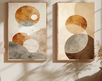 Geometrische Sonne Wand Kunst 2er-Set, Japandi Neutrale Beige Drucke, minimale abstrakte druckbare Wanddekoration