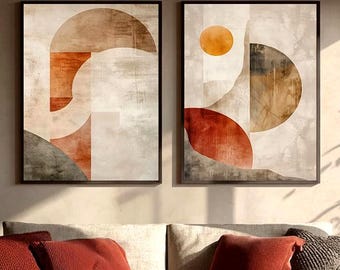 Terracotta Wall Art Set of 2 Printable, Boho Abstract Geometric Wall Art, Warm Neutral Modern Decor, Digital Download