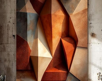 Quadro geometrico in terracotta su tela, decorazione murale astratta e materica, dipinto moderno dai toni neutri.