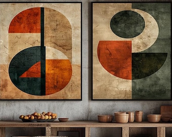Mid-Century Modern Abstract Wall Art Set, Geometric Retro Minimalist Prints, Digital Download