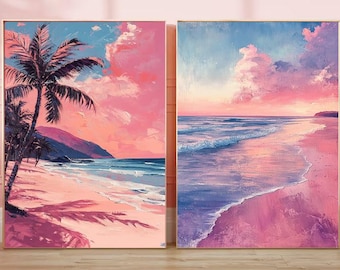 Pink Sunset Beach Wall Art Set of 2, Coastal Diptych Printable, Tropical Palm Tree Wall Art, Ocean Sunset Decor