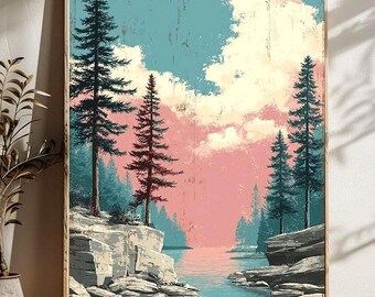 Stampa artistica da parete con cielo rosa retrò, poster paesaggistico vintage, arte naturalistica scandinava, stampa minimalista del lago, download digitale.