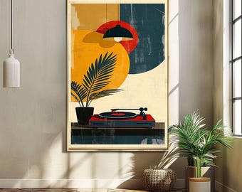 Retro Record Player Art, Mid Century Print, Turntable Poster, Vintage Music Decor, Digital Printable