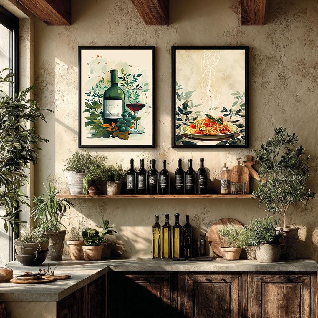 italian kitchen wall decor | kitchen wall art set of... Italian Kitchen Wall Art Set of 2, Pasta Wine Prints, Italian Food Wall ...