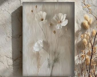 Neutrale botanische Wandkunst, Blumendruck der weißen Mohnblume, minimalistische beige texturierte Kunst, digital druckbar