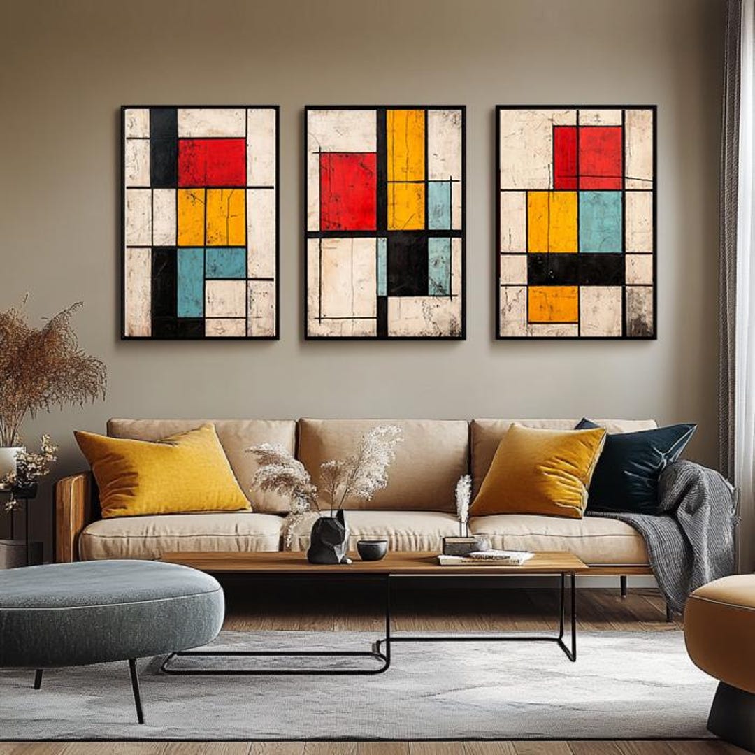 Digital Abstract Modern Wall Art Set of 3 – Red Yellow Blue Color Block ...
