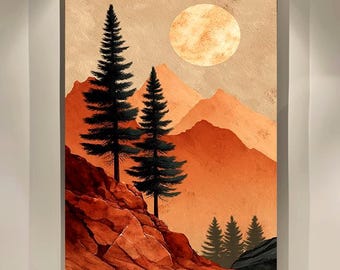 Natur Poster, Wüstenmalerei, Kiefer, Terrakotta Berg Wanddeko, Boho Landschaftsdruck