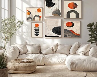 Juego de 6 cuadros de galería de mediados de siglo, arte de pared geométrico abstracto minimalista, descarga digital imprimible
