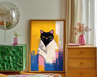 Arte murale astratta con gatto nero, stampa minimalista con gatto, arredamento moderno per amanti dei gatti, stampabile in digitale