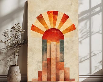 Bauhaus Sunrise Wall Art Digital Download, Retro Modern Geometric Abstract Decor