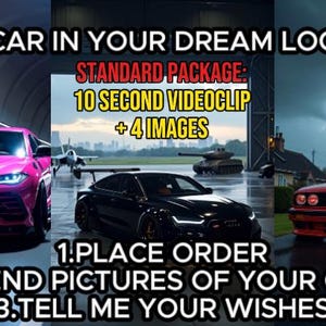 Könnte beinhalten: Eine Collage aus drei Bildern, die verschiedene Autos an verschiedenen Orten zeigen. Das erste Bild zeigt einen pinkfarbenen Lamborghini Urus in einem Tunnel. Das zweite Bild zeigt einen schwarzen Audi A7 in einem Hangar mit einem Militärflugzeug und einem Panzer im Hintergrund. Das dritte Bild zeigt einen roten BMW E30 in einer stürmischen Umgebung mit Blitzen im Hintergrund. Der Text auf dem Bild lautet "YOUR CAR IN YOUR DREAM LOCATION STANDARD PACKAGE: 10 SECOND VIDEOCLIP + 4 IMAGES 1.PLACE ORDER 2.SEND PICTURES OF YOUR CAR 3.TELL ME YOUR WISHES"