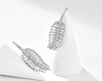Gold or Sterling Silver Leaf Drop Earrings – CZ Crystal Statement Dangle Earrings for Women – Elegant Bridal Jewelry – Sparkly Gift for Her