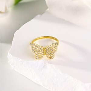 Butterfly Ring-Gold/Silver Adjustable CZ Pave Ring for Women-Dainty Butterfly Jewelry-Elegant Statement Ring-Trendy Gift for Her Birthday