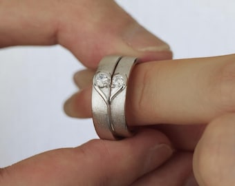 Matching Couple Rings Set – Sterling Silver Promise Rings with CZ Heart – Unique Anniversary, Engagement or Wedding Gift for Him & Her