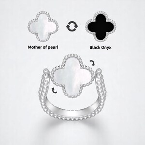 Reversible Clover Ring – Mother of Pearl & Black Onyx Adjustable Ring – 925 Silver Beaded Design – Unique Flip Ring Gift for Women