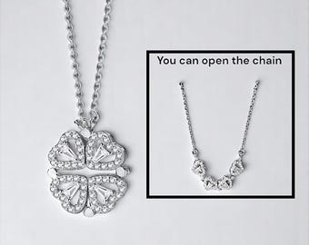 2 in 1 Heart Clover Necklace–Dainty Pendant Converts to 4 Heart Charm–CZ Gift for Her–Unique Convertible Jewelry–Sterling Silver Gold Plated