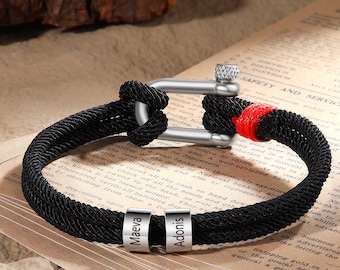 Personalized Men’s Rope Bracelet with Engraved Name Beads, Custom Family Bracelet, Gift for Dad and Husband, Boyfriend Gift, Gift for Him