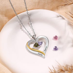 Op de afbeelding: Een zilveren hartvormige hangerketting met een gouden accent en twee edelstenen. De hanger is gegraveerd met de namen "Fanny" en "Nance". Twee hartvormige edelstenen liggen naast de hanger.