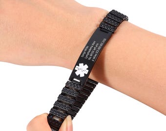 Pulsera de identificación de alerta médica, pulsera elástica con información médica grabada, información ICE personalizada de hasta 4 líneas, pulsera unisex expandible para hombres y mujeres