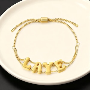 Personalized Bubble Letter Name Bracelet (4–7 Letters) – Adjustable Slider Box Chain, Bubble Letter Bracelet, Custom Gift for Her/Friends