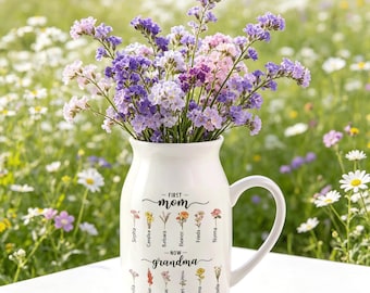 Personalisierte Vase mit Geburtsblumen und Namen, Keramikkrug, neue Oma Geschenk von Enkelkindern, Muttertagsgeschenk