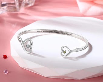 Personalized Two Birthstone Cuff Bracelet – Hidden Message Inside, Mom & Daughter Adjustable Open Bangle, Xmas Gift for Grandma, BFF Gift