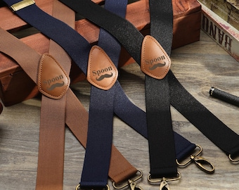 Bretelle personalizzate con nome e logo personalizzati, toppa posteriore in pelle incisa, cinturini elastici regolabili con gancio, regalo di nozze per gli sposi